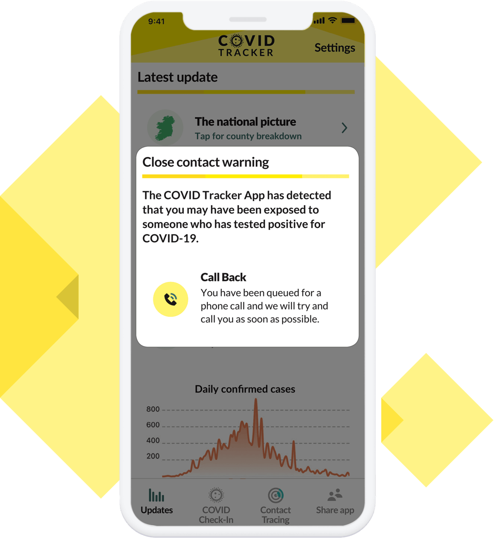 COVID Tracker mobile app close contact pop-up warning screen wth Call Back option